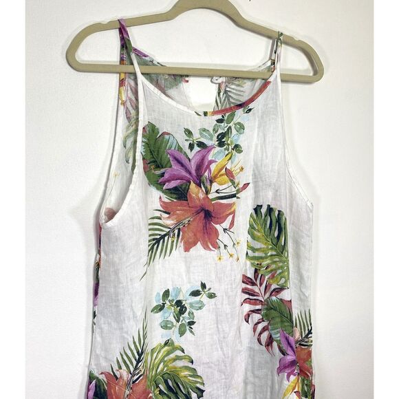 Lungo Larno White Floral Linen Sleeveless Slits Summer Boho Midi Dress S (Flaws) - Picture 10 of 10